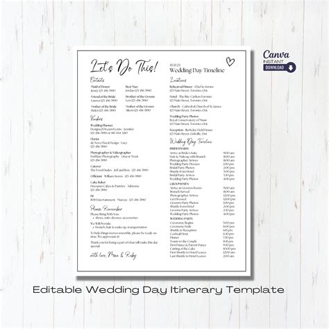 Editable Wedding Day Timeline Template, Printable Wedding Itinerary ...