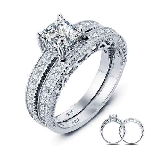 Splendid S925 Sterling Silver Radiant Cubic Zirconia Wedding Ring Set ...