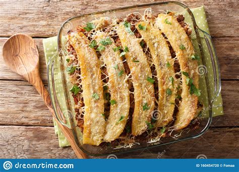 Puerto Rican Food Casserole Pastelon De Platano Maduro Close-up in a ...