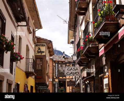 Street in the mountain village of Fuente Dé, Picos de Europa National ...