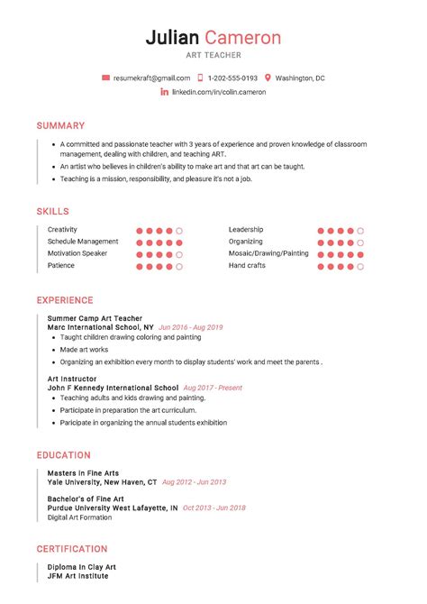 Art Teacher Resume Sample in 2025 - ResumeKraft