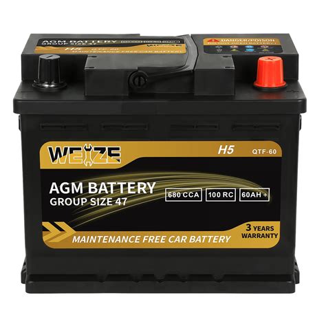 Weize Platinum AGM Car Battery, 12v 60ah, 100RC, 680CCA, Easy ...