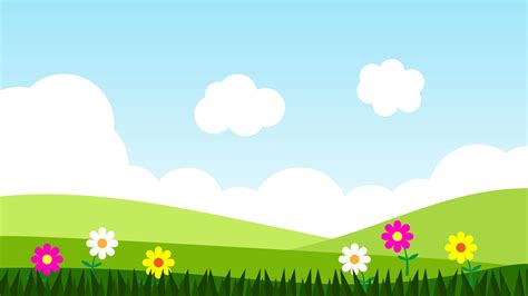 landscape cartoon scene with colorful flowers and green grass on hill ...