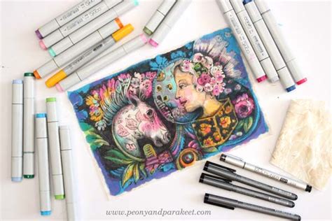 Drawing on Fabric - Illustrated Quilt Blocks - Peony and Parakeet