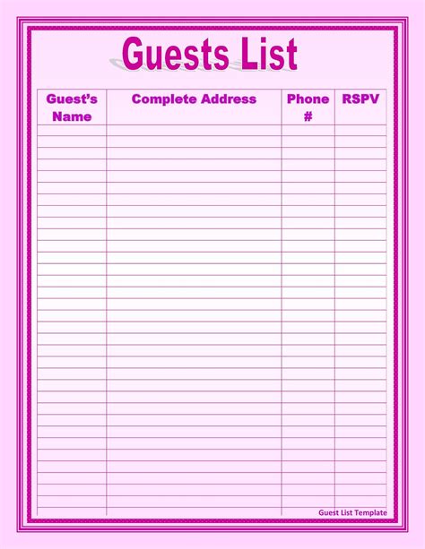 Wedding Guest List Template Printable - Printable Templates