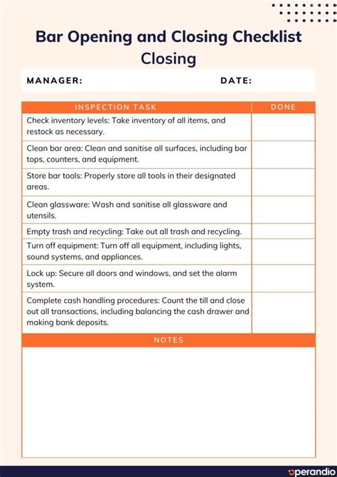 Bar Opening and Closing Checklist Template