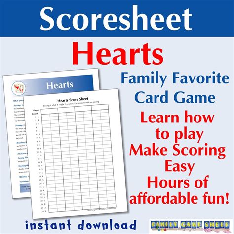 Printable Hearts Card Game Scoresheet, Hearts Score Card, Hearts Score ...