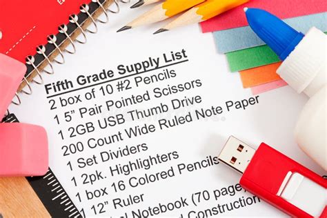 School Supplies: 5th Grade School Supply List Stock Photo - Image of ...