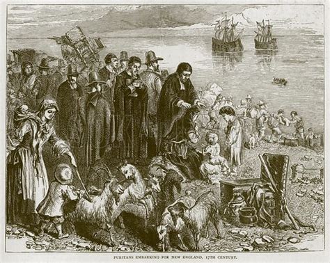 Puritans embarking for New England, 17th Century stock image | Look and ...