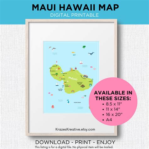 Maui Hawaii Printable Map Illustrated Wall Art Print Home Decor ...