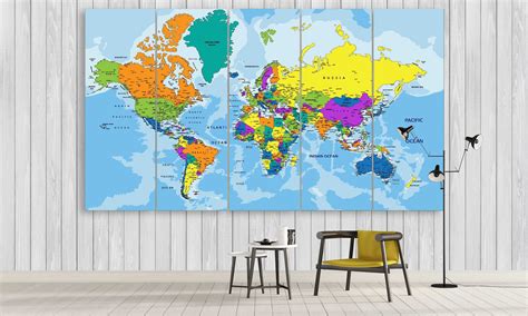 Colorful Political World Map – World Map 5 Panel Canvas Art Wall Decor ...