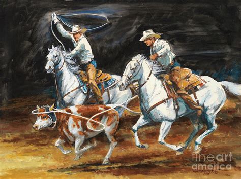 Rodeo - 2 Cowboys Roping Cow Painting by Don Langeneckert