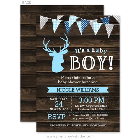 Rustic Wood Blue Deer Boy Baby Shower Invitations - Print Creek Studio Inc