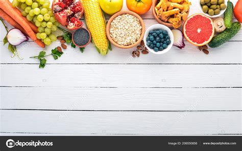 Healthy Food White Wooden Table Fresh Vegetables Fruits Nuts Berries