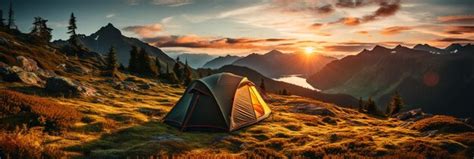 Premium AI Image | camping tent on mountain peak at sunrise travel and ...