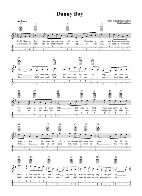 Danny Boy: Chords, Sheet Music, and Tab for Baritone Ukulele with Lyrics