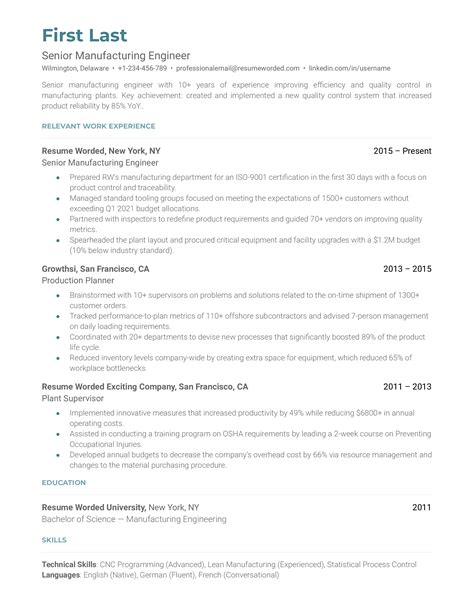 Senior Manufacturing Engineer Resume Example for 2023 | Resume Worded