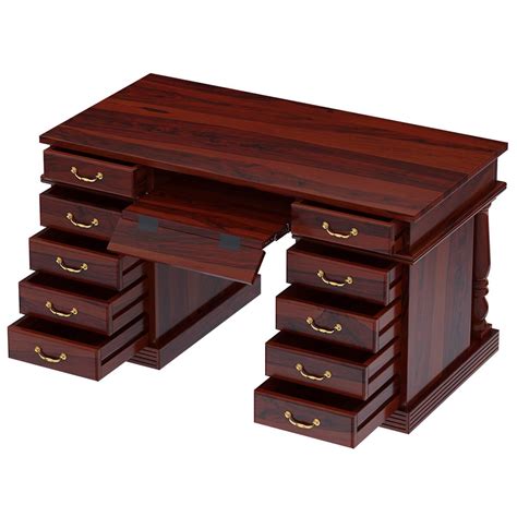 Rustic Solid Wood Home Office Executive Computer Desk with 11 Drawers