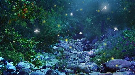 Fantasy art nature trees forest woods magic insects firefly night glow ...