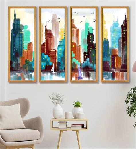 Buy Abstract Modern Multicolour Canvas Framed Abstract Art Panel Set of ...