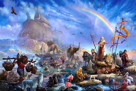 HD wallpaper: Noah's Ark painting, animals, people, rainbow, art ...