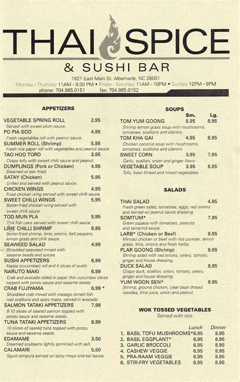 Menu at Thai Spice & Sushi Bar, Albemarle