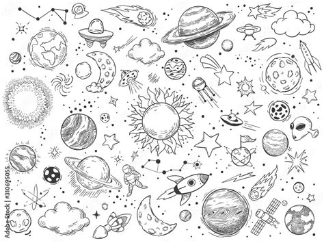 Space doodle. Astrology doodles, sketch space universe planets and hand ...