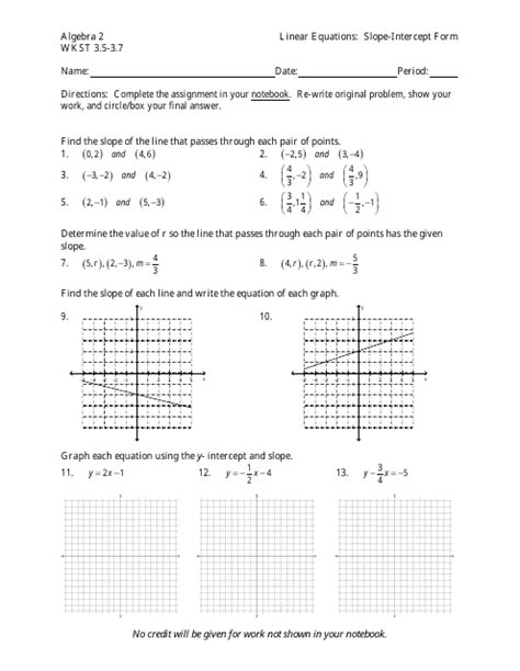 Algebra 2 Wkst 3.5-3.7 Linear Equations in Slope-Intercept Form ...