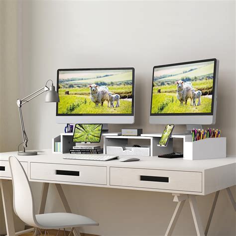 SHW Desk Dual Monitor Stand Riser with Drawer, White - Walmart.com