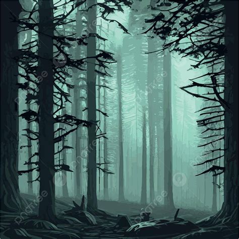 Foggy Cartoon Forest At Twilight Outdoor Nighttime Painting Vector ...