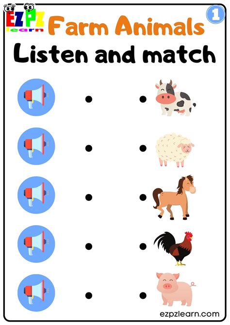 Listen and Match Interactive Farm Animals Worksheet Group 1 - Ezpzlearn.com