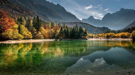 Calm Lake Surrounded with Trees and Mountains, mountains, lake, forest ...