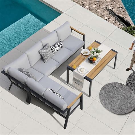 Patio time Sectional Sofa Set Outdoor Sectional with Gray Cushions and ...