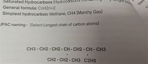 General formula: CnH2n+2Simplest hydrocarbon: Methane, CH4 (Marshy Gas)..