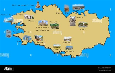 Map of Brittany and some photos and names of tourist destinations Stock ...