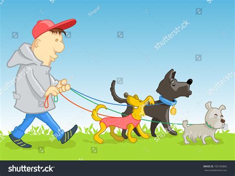 Vector Illustration Funny Man Walking With 3 Funny Dogs Cartoon