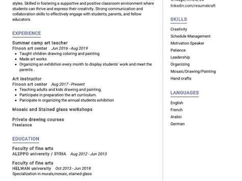 Art Teacher Resume Sample in 2025 - ResumeKraft