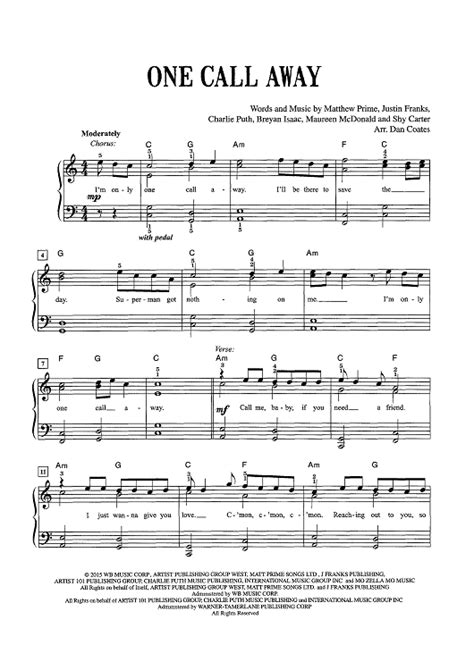 One Call Away" Sheet Music by Charlie Puth for Easy Piano/Vocal/Chords ...