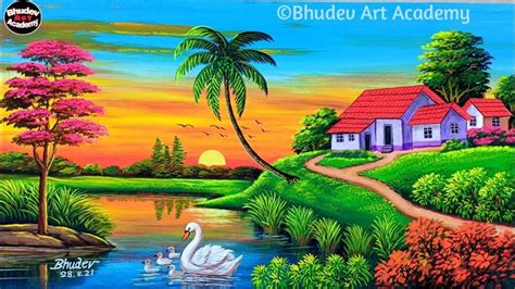 Beautiful Sunset Village Scenery Painting With Earthwater Colour|Indian ...