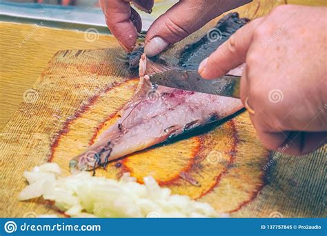 Cuts Fish Meat into Small Pieces Stock Image - Image of eating, grilled ...