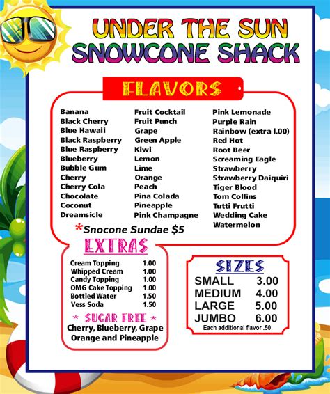 Snow Cone Menu - Under The Sun Sno Shack