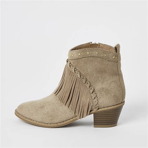 Girls brown fringe western ankle boots | River Island