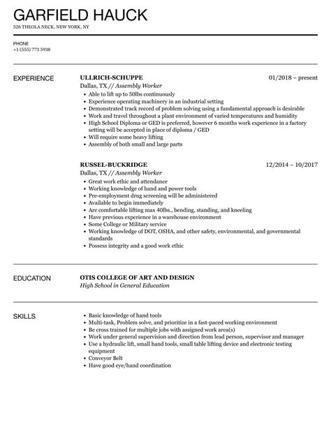 Assembly Worker Resume Samples | Velvet Jobs