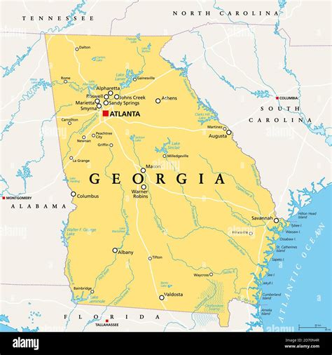 Georgia, GA, political map, with capital Atlanta and largest cities ...