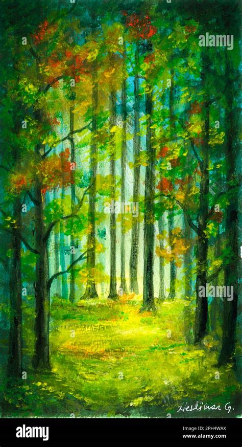 The enchanted forest. Acrylic painting. Morning Forest landscape ...