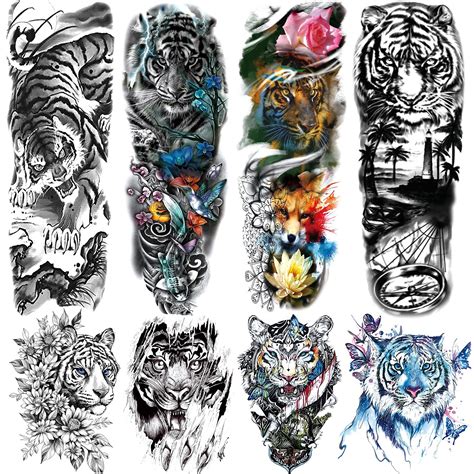 Buy Tiger Temporary Tattoos Sleeve, 4-Sheet Large Fake Wild Tiger Arm ...