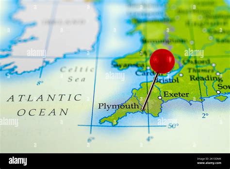 Plymouth map. Close up of Plymouth map with red pin. Map with red pin ...