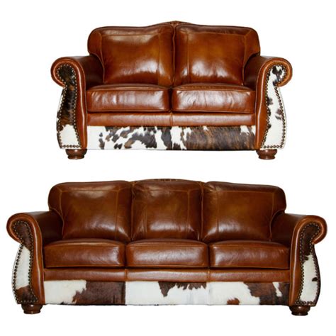 Von Furniture | LeatherCowhide Rustic Sofa Set in Tan