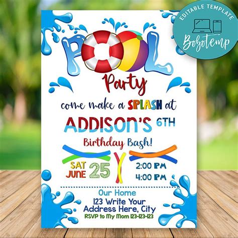 Editable Swimming Pool Party Invitations Instant Download ...