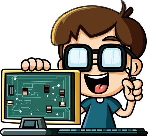 computer geek cartoon vector illustration, happy computer engineer or ...